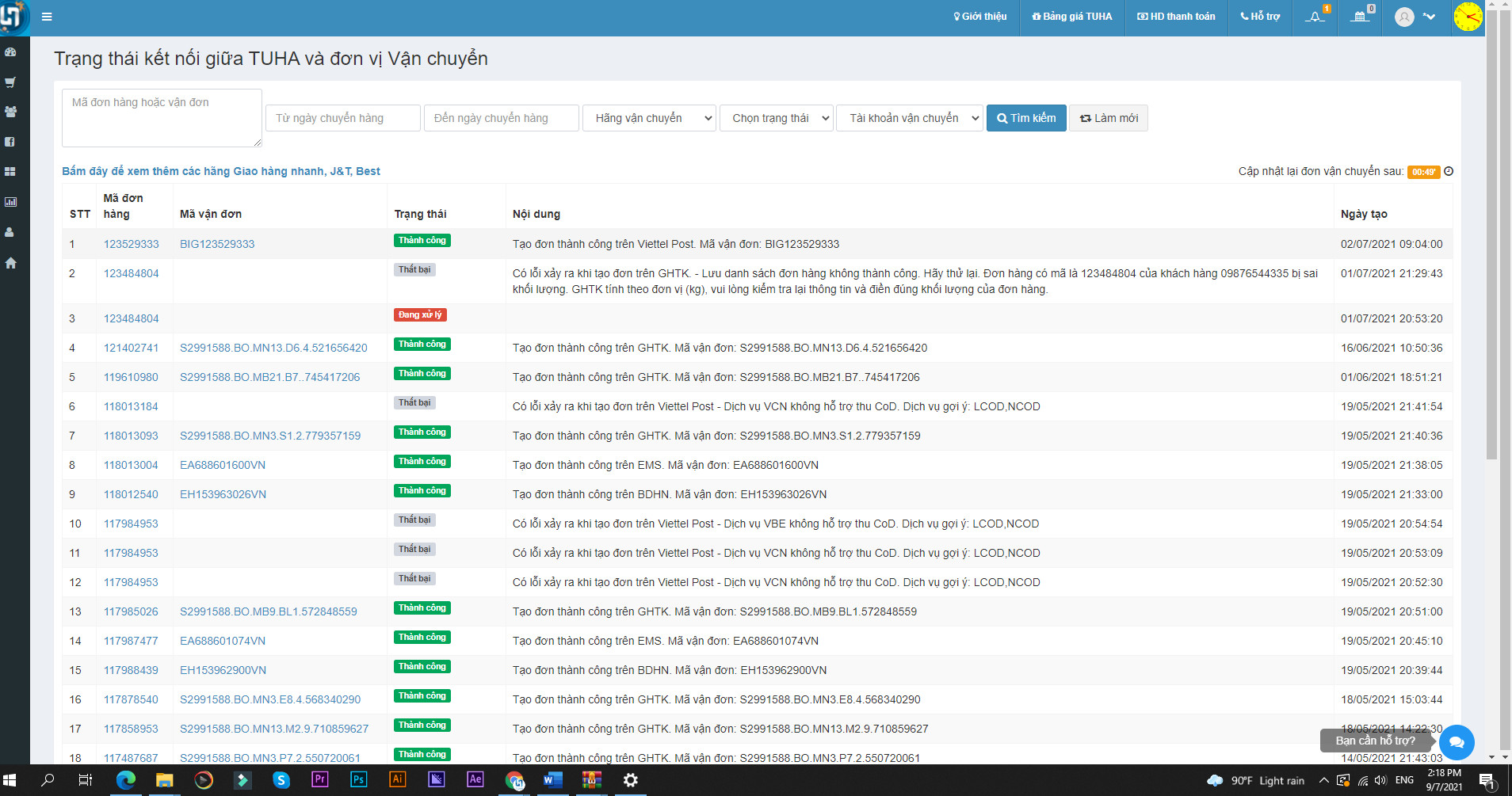 quản lý giao hàng và đối soát TUHA